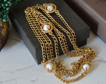 Vintage 1970s Gold Tone Flapper Necklace: Extra Long Chain, Framed Beads