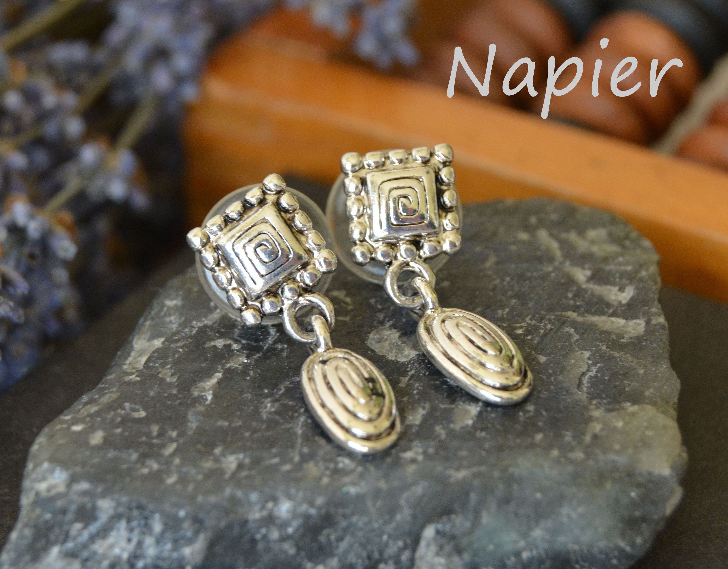 Vintage Napier Earrings, Silver Tone Stud Earrings With