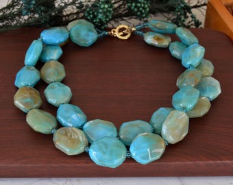 Vintage Chunky Beaded Necklace Marbled Statement Choker Ocean Blue