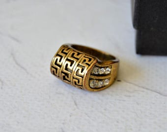 Vintage Greek Key Ring, Gold Tone Geometric Statement Ring, Rhinestone Cocktail Retro Costume Jewelry