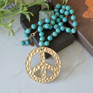 Vintage beaded necklace with large peace pendant, Extra chunky pendant necklace with blue faux turquoise
