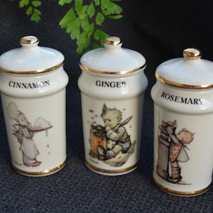 Vintage Hummel Ceramic Spice Jar Set: Cinnamon, Rosemary, Ginger - 1987