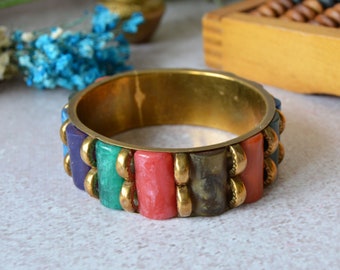 Vintage Multicolor Bangle Bracelet: Chunky 1980s Hippie Style