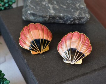 Vintage Cloisonne Seashell Earrings: Pink & Black Enamel, Nautical Jewelry