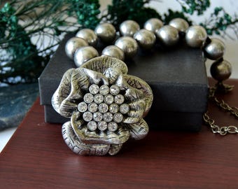 Vintage M&S Flower Statement Necklace, Silver Tone Floral Pendant with Rhinestones