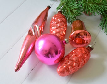 Vintage Mercury Glass Christmas Ornaments: Hot Pink & Red Set, 1960s Holiday Decor