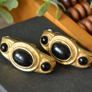Vintage clip on earrings, Oversized earrings, Gold and black elegant clip-ons