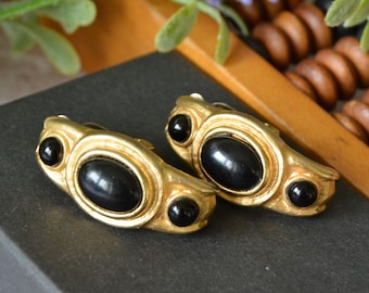 Vintage clip on earrings, Oversized earrings, Gold and black elegant clip-ons