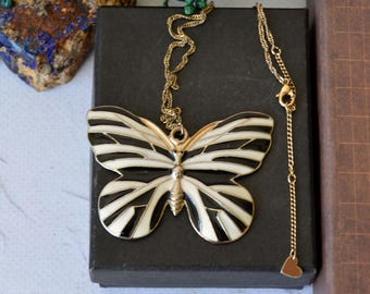Vintage Black and White Butterfly Pendant, Enamel Butterfly Necklace, Figural Statement Jewelry