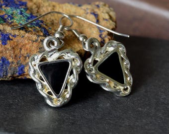 Vintage Anne Klein earrings, Silver tone black enamel earrings, Everyday dangle earrings, Minimalist earrings, Christmas gift