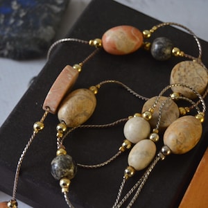 Vintage Picture Jasper Necklace, Beaded 37 inch Chain, Gemstone Flapper Necklace