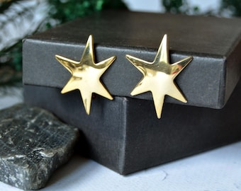 Vintage Clip On Earrings, Gold Tone Stars Clipons Shiny Metal Lightweight