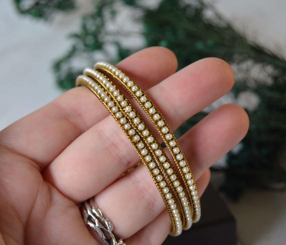 Vintage tiny pearls bangles, Stack bracelets set … - image 4