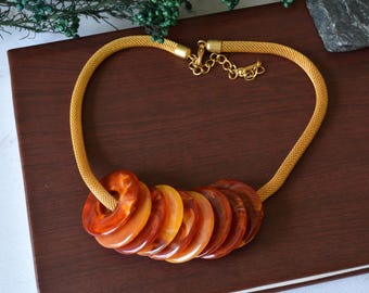 Vintage Lucite Disc Necklace, Chunky Autumn Statement Pendant, Retro Acrylic Fall Jewelry