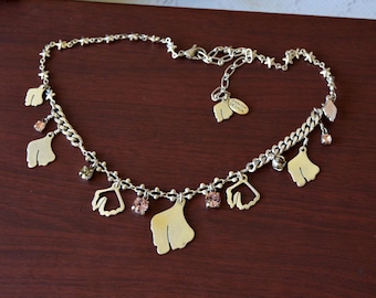 Vintage Pilgrim Danish Design Ginkgo Leaf Choker Necklace, Silver Tone Charm Chain, Pink Crystal