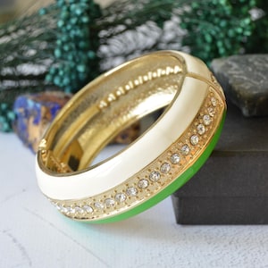 Vintage bangle bracelet with enamel and rhinestones, Gold tone wide bracelet, Shiny clamper bracelet