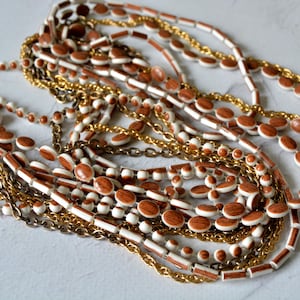 Vintage Multi Strand Necklace: Wood Texture Beads, 1960s Layering Chain