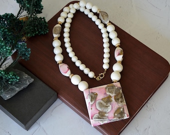 Vintage Beaded Necklace: White, Pink & Gray Ceramic Pendant, Signed Japan