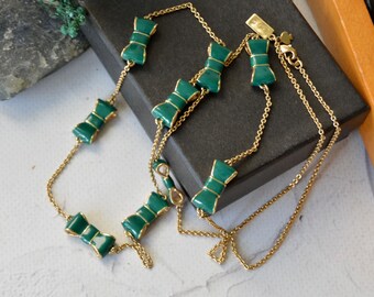 Vintage Kate Spade Bow Necklace, Gold Tone Green Enamel Link Necklace, Designer Jewelry