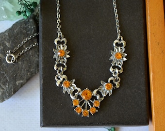 Vintage Floral Choker Necklace: Orange Rhinestones, Silver Tone Flowers
