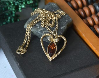 Vintage Avon Heart Pendant Necklace: Gold Tone, Brown Rhinestone