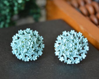 Vintage Blue Flower Clip On Earrings: 1940s Carved Celluloid Floral Cluster