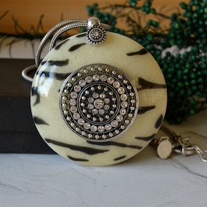 Chico's Statement Pendant Necklace, Large Round Disc Pendant Zebra Pattern