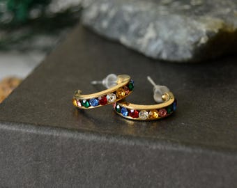 Vintage Rhinestone Hoop Earrings: 1990s Multicolor Dainty Hoops