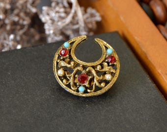Vintage Crescent Moon Brooch, Celestial Brooch Rhinestones, Small Witchy Pin 1 Inch