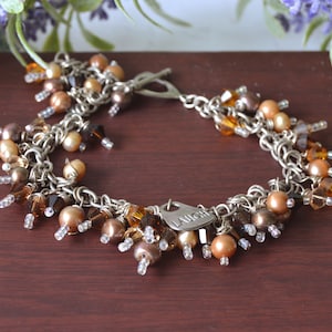 Vintage fresh water pearls bracelet, Chain bracelet with dangling crystals in earthy colors