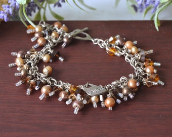 Vintage fresh water pearls bracelet, Chain bracelet with dangling crystals in earthy colors