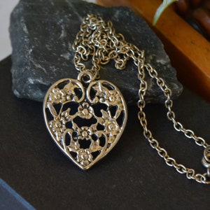 Vintage floral heart pendant, Silver tone heart pendant with flower openwork
