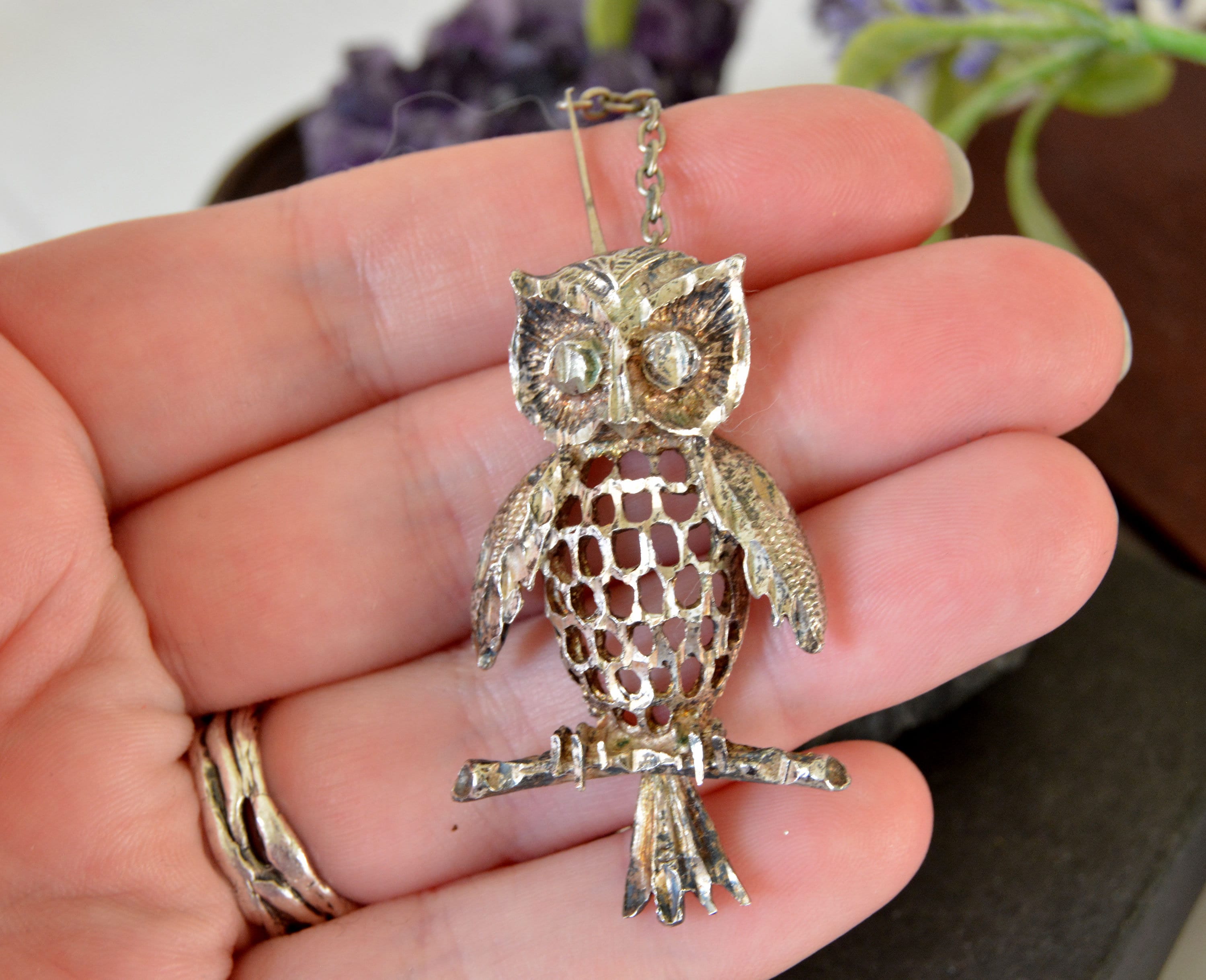 Vintage owl necklace, Silver tone metal owl carved and with openwork, Woodland pendant