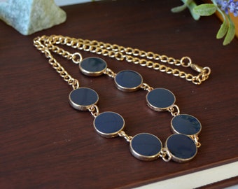 Vintage link chain necklace, Blue enamel bezel necklace 18 inches