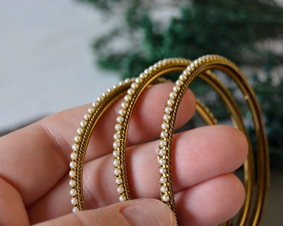 Vintage tiny pearls bangles, Stack bracelets set … - image 2