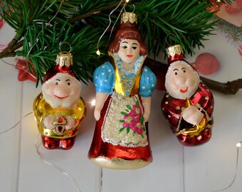 Vintage Glass Christmas Ornaments: Girl and Dwarves Set