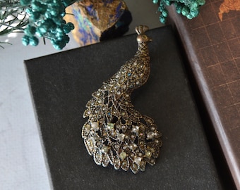 Vintage Rhinestone Peacock Brooch: Bronze Tone Figural Pin