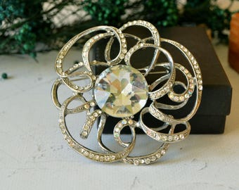 Vintage Rhinestone Brooch, Extra Large Silver Tone Statement Brooch, Clear Glass Retro Costume Jewelry