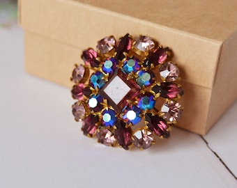 Vintage Czech Glass Brooch: Purple Aurora Borealis Rhinestone Snowflake