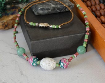 Vintage Mixed Glass Beaded Necklace, Earth Tone Layering Jewelry (20 inches)