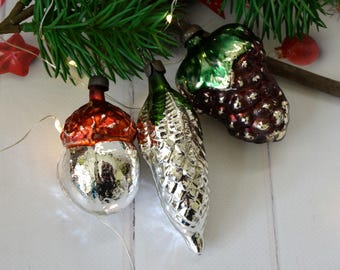 Vintage Mercury Glass Christmas Ornaments: Acorn, Pinecone, Grape - 1950s Set
