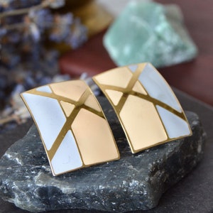Vintage retro stud earrings signed L. Bott, Yellow blue enamel studs, Lightweight rectangle earrings