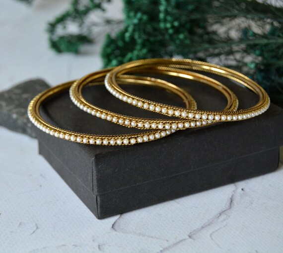 Vintage tiny pearls bangles, Stack bracelets set … - image 7