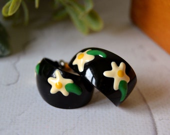 Vintage Black Enamel Floral Hoop Earrings: 1980s Wide Stud Earrings