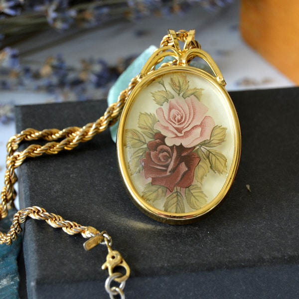Vintage Monet cameo pendant with roses, Victorian necklace gold tone