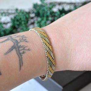 Vintage woven texture bracelet, Two tone mesh bracelet, Minimalist stacking bracelet silver and gold tone