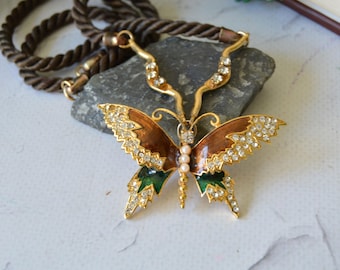 Vintage Thailand Butterfly Necklace, Sunflower Signed Enamel Rhinestone Pendant, 1970s Jewelry