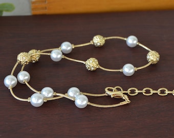 Vintage Faux Pearl Choker: Gold Tone Rhinestone Necklace, Swan Logo