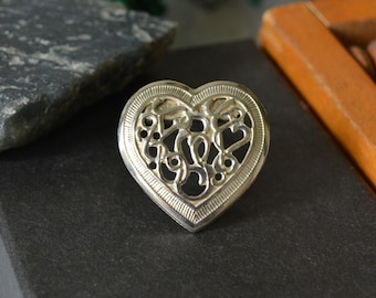 Vintage heart dress clip, Silver tone ornate clip brooch, Love Statement Accessory
