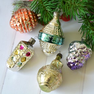 Assorted vintage Christmas ornaments set of 5, Figural glass ornaments in different shapes, Retro Christmas decor